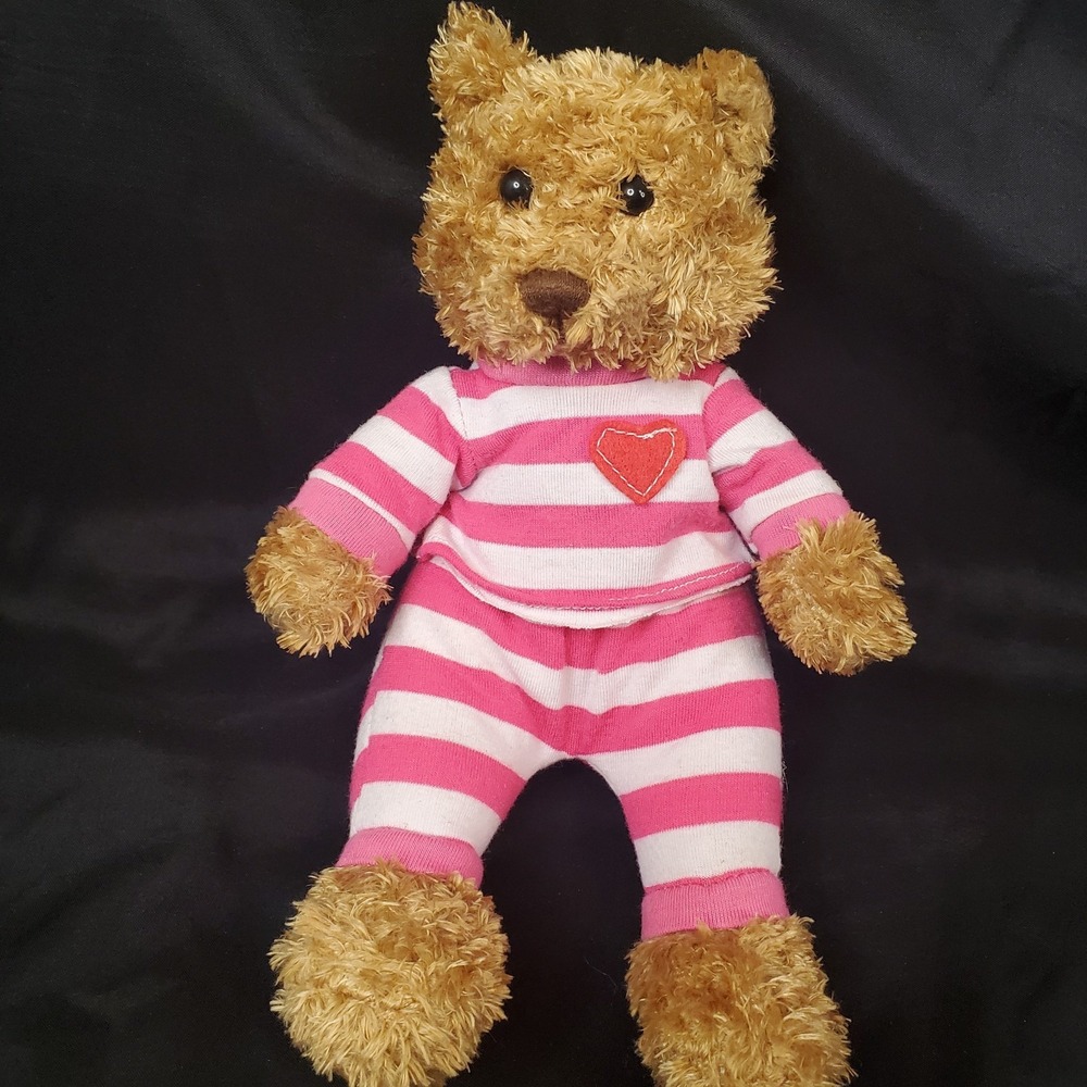 Small Brown Teddy Bear Plush 9" Pink Striped Pamama Set Red Heart On Chest